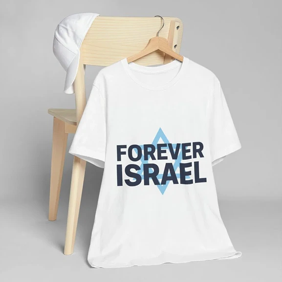 A shirt hanging on the Chair with text written on this Forever Israel.