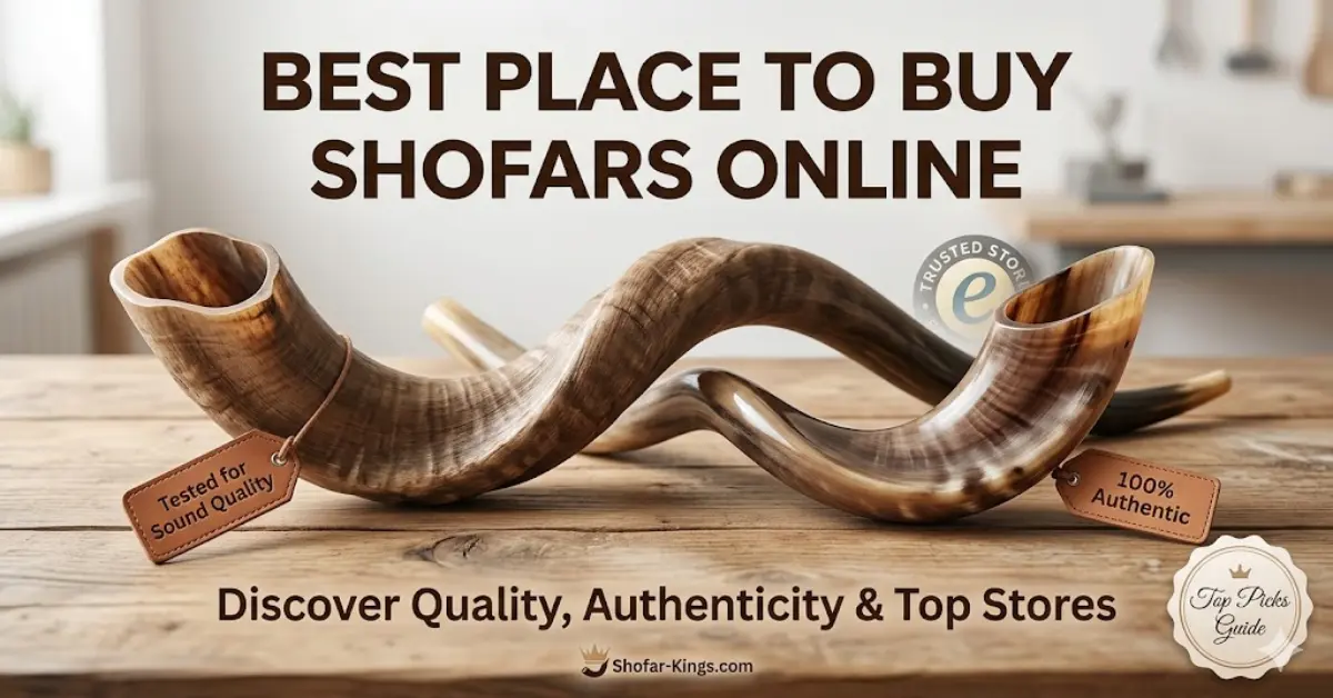 Two authentic ram's horn shofars with beautiful natural textures are displayed on a wooden table, one natural and one polished. A leather tag on the left shofar reads "Tested for Sound Quality," and another on the right reads "100% Authentic." The title "Best Place to Buy Shofars Online" is prominently displayed above them, and a circular badge with the "Shofar-Kings.com" logo is in the bottom right corner. The background is a clean, modern workshop.