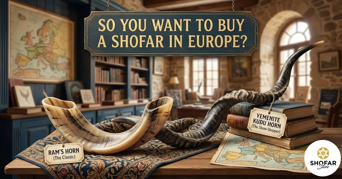 A wide-angle feature image of a cozy Judaica shop with a hanging wooden sign that reads: "SO YOU WANT TO BUY A SHOFAR IN EUROPE?" A classical Ram's Horn Shofar and a long, twisted Yemenite Kudu Horn Shofar are on a table, with price tags labeled: "RAM'S HORN (The Classic)" and "YEMENITE KUDU HORN (The Show-Stopper)". The background features bookshelves and a map of Europe.