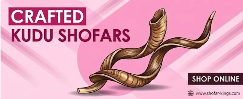 A horizontal banner with a light pink background and darker pink geometric stripes. In the center are two long, spiraled Kudu shofars. The text on the left reads "CRAFTED KUDU SHOFARS" in bold maroon lettering. On the right, a "SHOP ONLINE" button sits above the website address