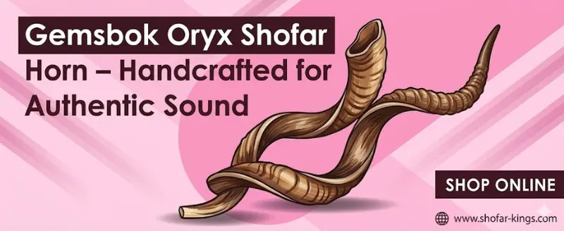 Gemsbok Oryx Shofar Horn Promo Banner An online shopping banner featuring a vector illustration of two natural brown, twisted Shofar horns against a pink geometric background. In the top left, text reads: "Gemsbok Oryx Shofar Horn – Handcrafted for Authentic Sound." In the bottom right, a button says "SHOP ONLINE" above the website address "www.shofar-kings.com" with a globe icon.