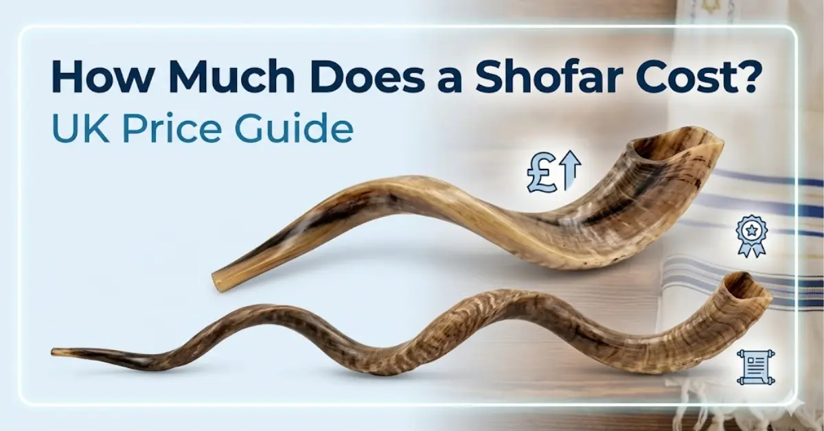A featured image for a UK shofar price guide, showcasing two types of polished ram's horn shofars with different curves. The title text 'How Much Does a Shofar Cost?' is prominently displayed above the subtitle 'UK Price Guide'. Small blue icons illustrate a £ symbol, a quality award, and a kosher certificate. The background features a tallit on a wooden surface.