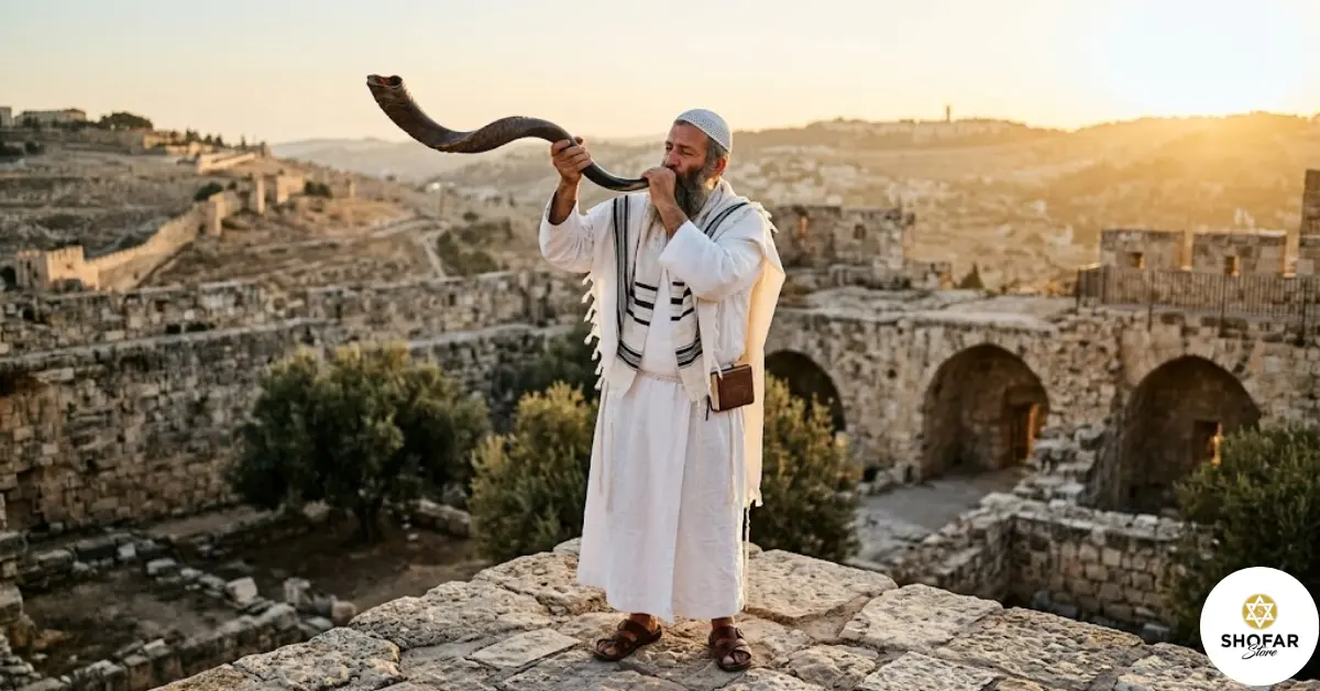A Jewish man in traditional white robes and a prayer shawl blowing a large ram's horn shofar against a backdrop of ancient stone walls and a sunset glow in Jerusalem.