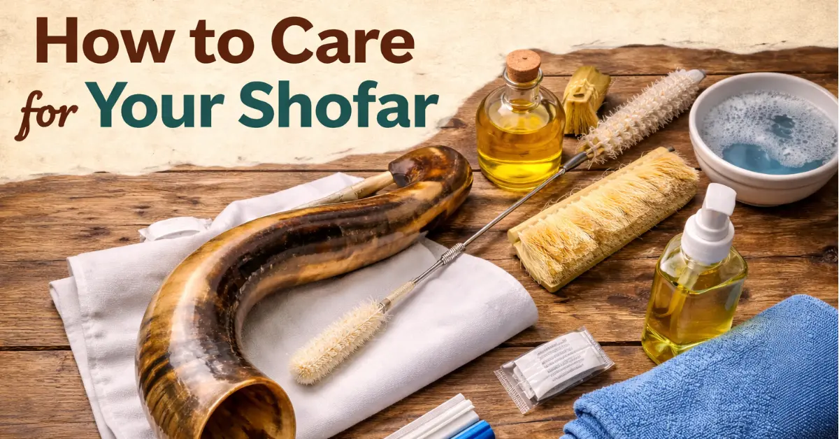 How to care for your shofar with cleaning tools including oil, brushes, and cloth placed beside a polished shofar on a wooden table