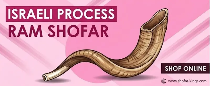 A horizontal advertising banner featuring a single, curved Ram's horn (shofar) in a realistic illustrated style. The background is a soft pink with dynamic diagonal accents. Bold maroon text on the left says "ISRAELI PROCESS RAM SHOFAR." A call-to-action button labeled "SHOP ONLINE" and the URL "www.shofar-kings.com" are positioned in the lower right corner.
