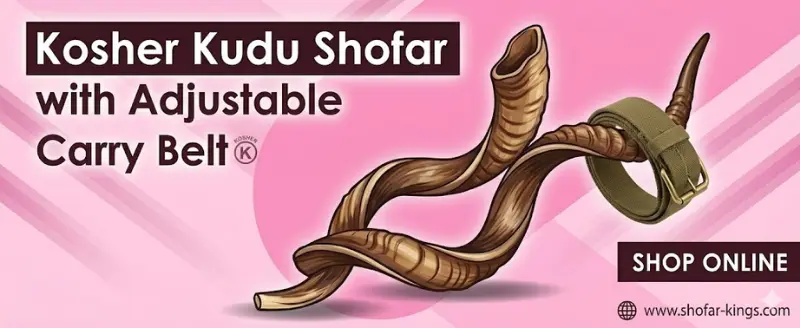 Kosher Kudu Shofar with Adjustable Carry Belt - Shop Online A promotional banner for Shofar-Kings.com featuring a detailed vector illustration of an intertwined Kudu shofar horn and an olive green adjustable canvas carry belt with a brass buckle. Large text in the top left reads "Kosher Kudu Shofar with Adjustable Carry Belt" with a Kosher 'K' symbol. A button in the bottom right says "SHOP ONLINE" above the website URL. The background is a pink abstract geometric gradient.