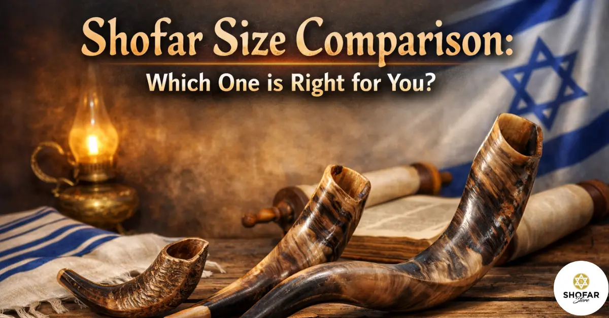 Shofar size comparison showing three distinct shofars of varying sizes on a wooden surface, with a glowing text overlay 'Shofar Size Comparison: Which One is Right for You?' in a warm, inviting scene.