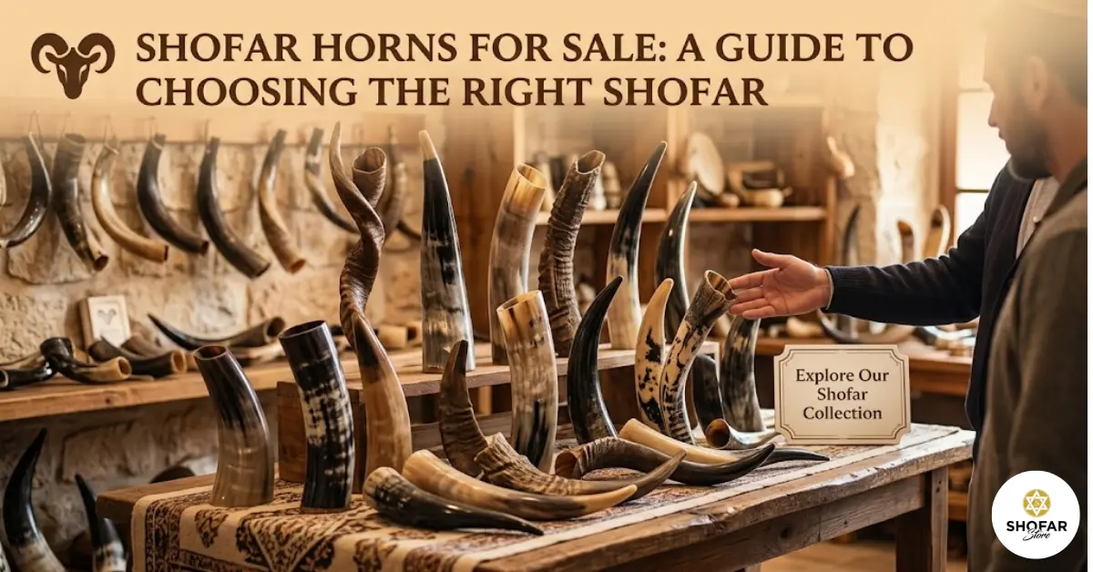 A wide photograph of a man browsing a diverse collection of ram, kudu, and oryx shofar horns displayed on a wooden table and shelves in a rustic market shop, with the title "SHOFAR HORNS FOR SALE: A GUIDE TO CHOOSING THE RIGHT SHOFAR" displayed above.