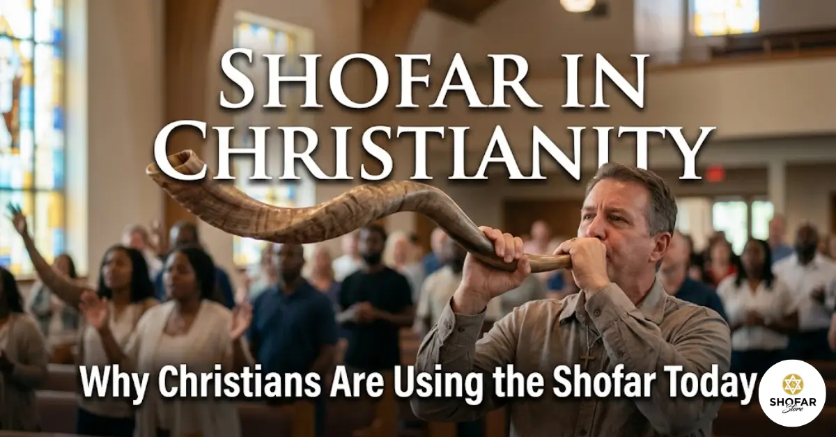 A man in a church setting wearing a cross necklace blows a large, curved shofar horn. Behind him, a diverse congregation stands with hands raised in worship, with stained glass windows visible in the background. The title "Shofar in Christianity: Why Christians Are Using the Shofar Today" is written across the image.