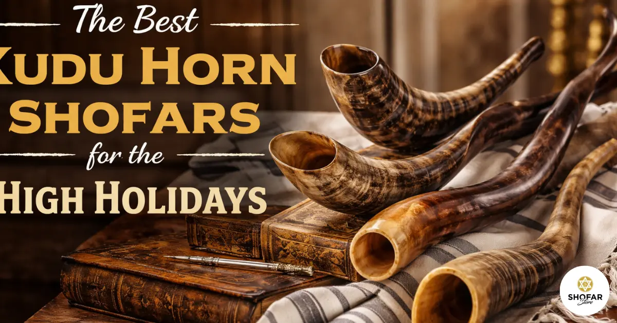 A collection of polished, spiral-shaped kudu horn shofars resting on antique leather-bound books and a striped tallit cloth. The image features gold and white text that reads, "The Best Kudu Horn Shofars for the High Holidays.